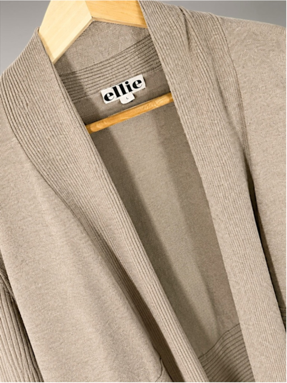 Women's Ellie Beige Ribbed Knit Open Cardigan Sweater L - Picture 7 of 7